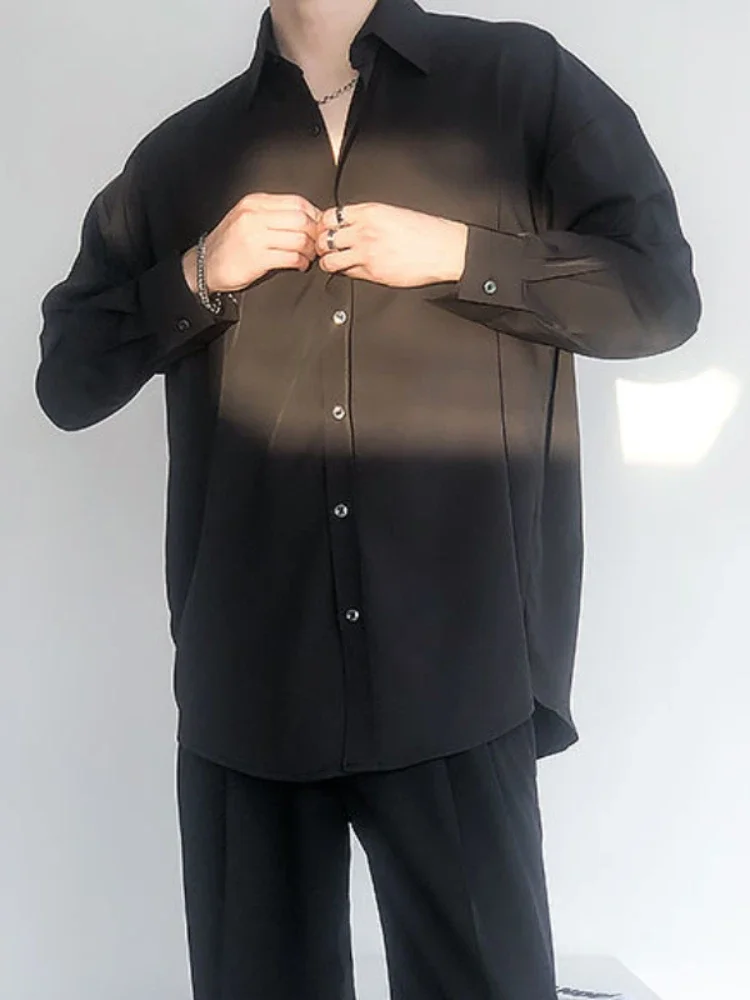 ZCSMLL S-3XL Lapel Men's Shirt Black Green Korean Fashion Chic Long Sleeve Shirts Loose Casual Single Breasted Tops L641