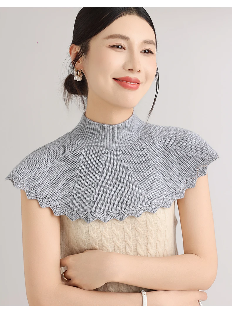 2025, abnehmbarer Kragen aus gestrickter Wollmischung für Damen im Herbst und Winter bei kaltem Wetter, Schulter- und Halswärmer, Zickzack-Spitze, halbhoher Hals – Detail 12