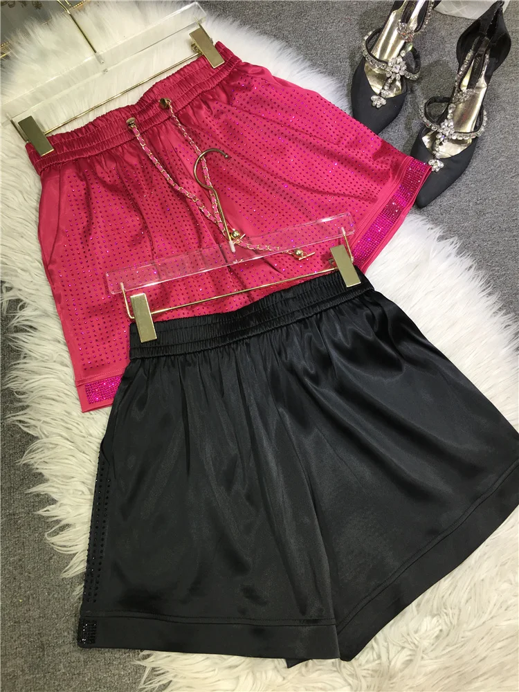 Summer Lightweight Diamond Silky Satin Hot Pants European Goods Hot Drilling Shorts Women Straight Pants High Waisted Shorts
