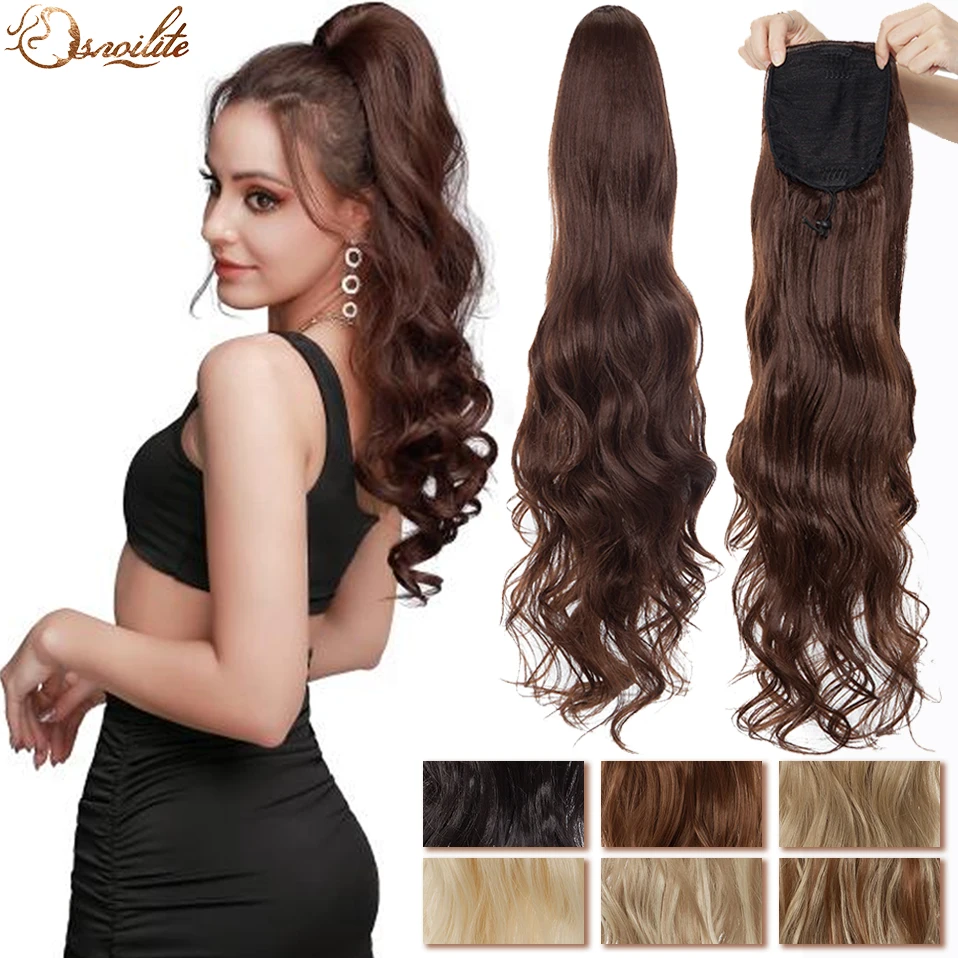 S-noilite Synthetic 24inch Long Wavy Ponytail Hair Extension Drawstring Clip In Hairpiece Body Wave Ponytail For Woman