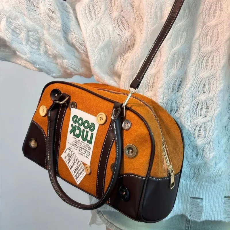 JIAERDI Retro Label Button Design Handbag Women Maroon Patchwork Brown Shoulder Bag Ladies Fashion Cute Boston Crossbody Bag New