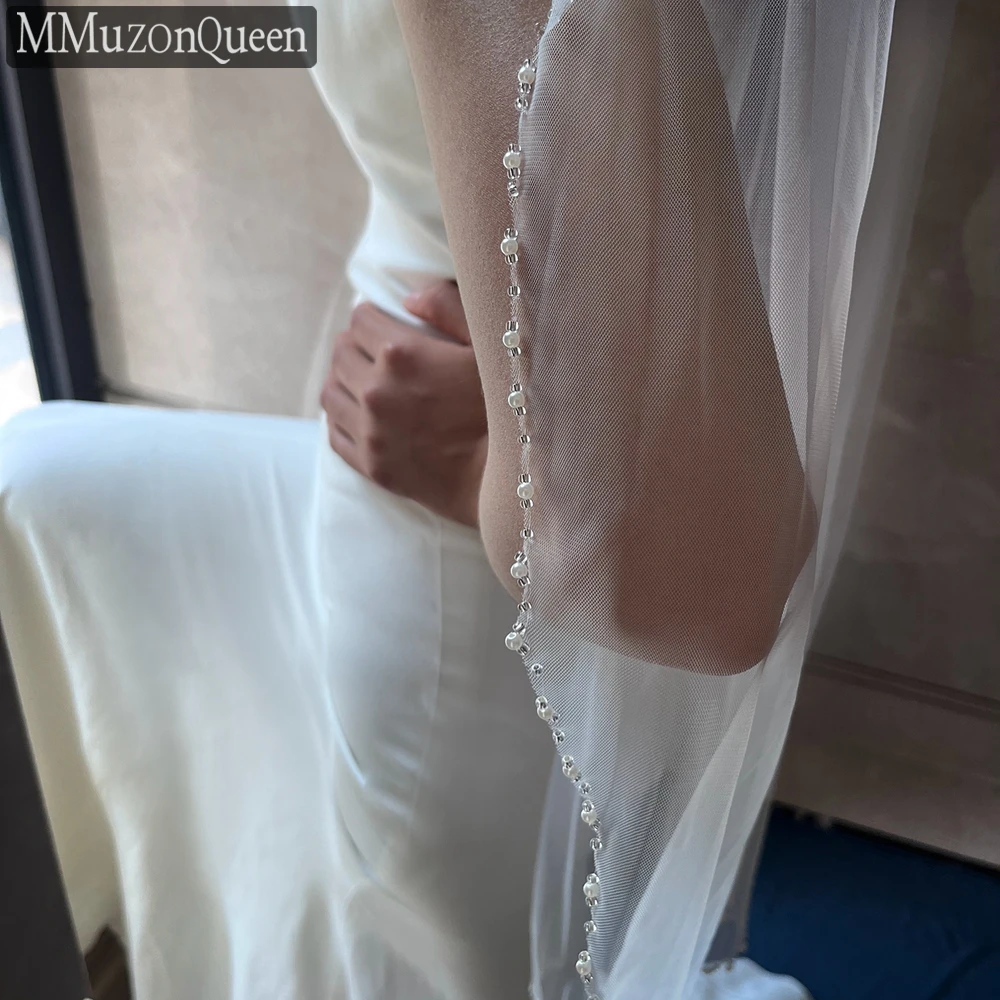 M21 Pearls Edge Wedding Veil with Comb Fingertip Length Handmade Beaded Soft Tulle 1 Tier Crystal Bridal Veil Accessories