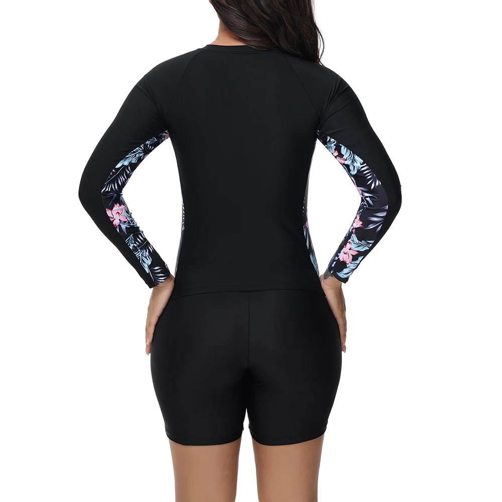 Women Sports Swimsuits Long Sleeve Print Floral Swimwear Zipper Boxer Shorts Two Pieces