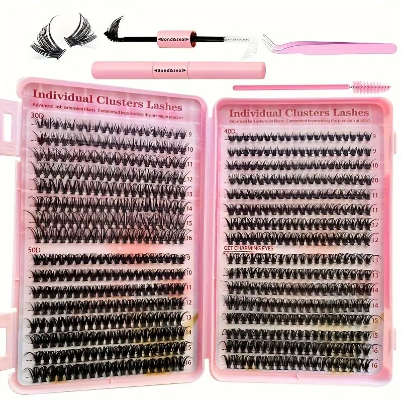 Lash Extension Kit Eyelash Set Fake Eyelashes 640Pcs Eyelash Extension Kit 304050D Lash Clusters D Curl 9-16mm Individual Lashes Kit With Bond And Seal Tweezers And Brush