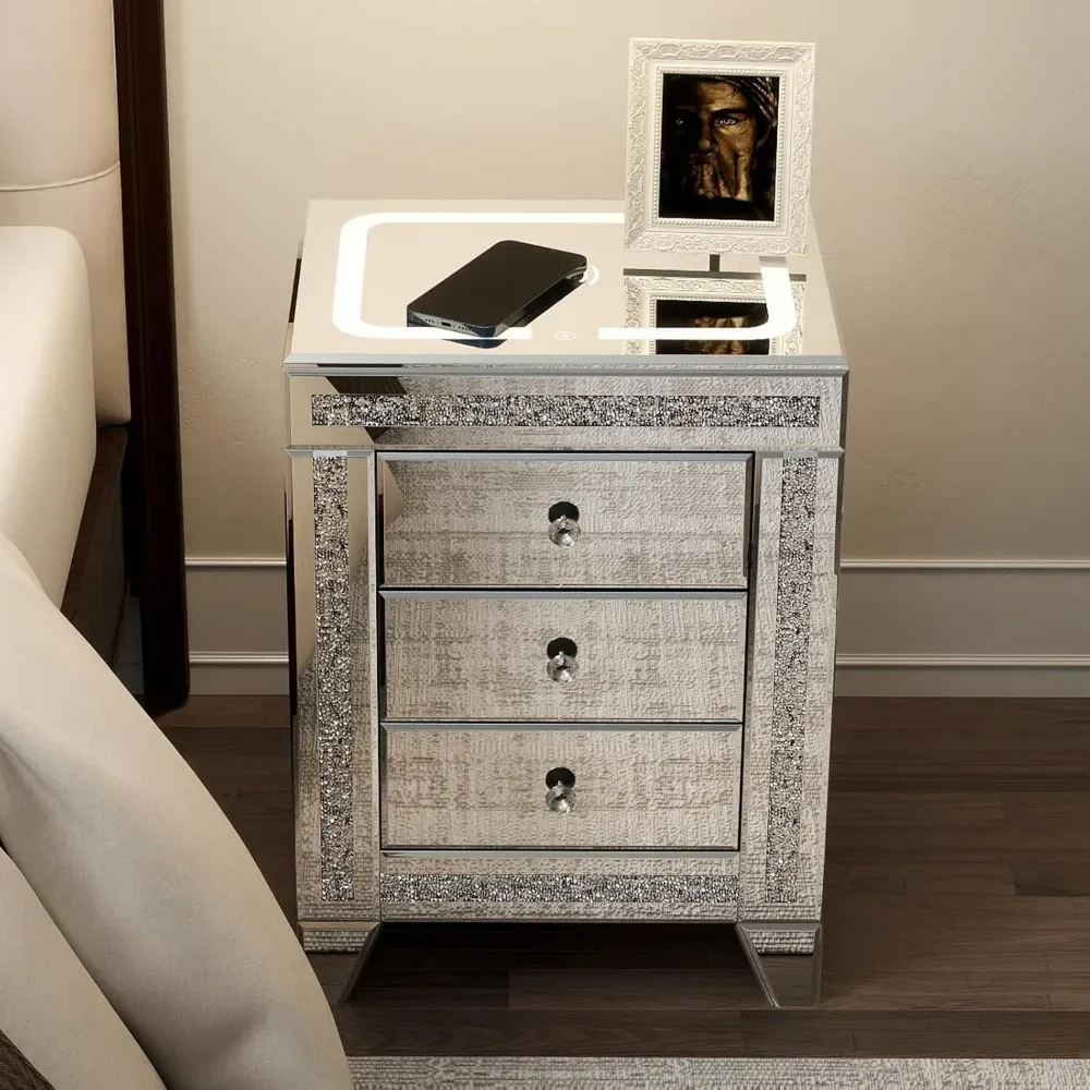 Silver Nightstand with LED, Mirrored End Table with Charging Station Wireless, Side Table Storage Cabinet with Crystal & Drawers 6