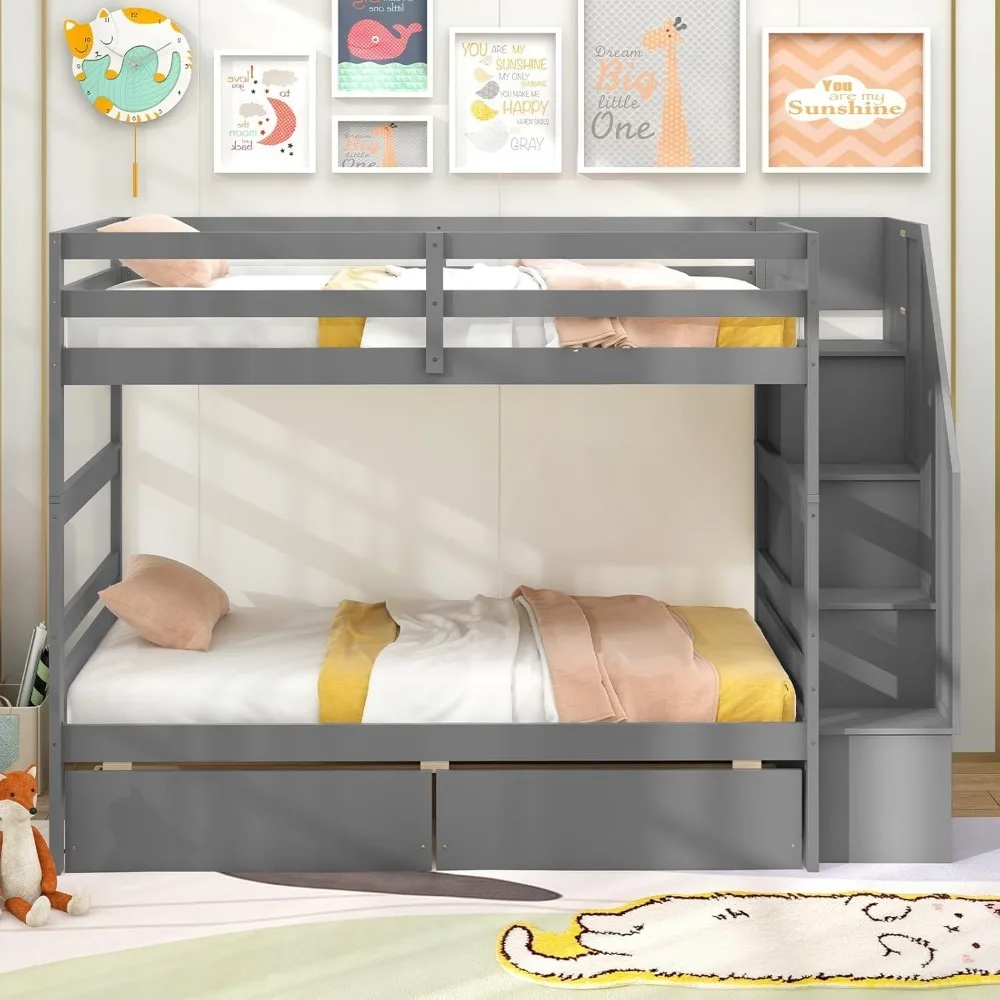 Solid Wood Bunk Bed with Full-Length Guardrails, Convertible to 2 Beds, Children Beds 3