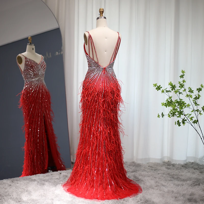 Luxury Beaded Mermaid Feathers Prom Dresses Sexy Spaghetti Straps Backless Rose Pink Evening Dress Arabic Formal Party Gown SCZ052 6 Luxury Beaded Mermaid Feathers Prom Dresses Sexy Spaghetti Straps Backless Rose Pink Evening Dress Arabic Formal Party Gown SCZ052 6