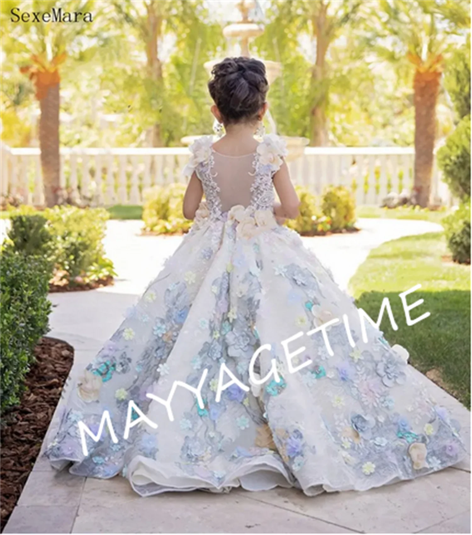 

Princess Ball Gown Flower Girl Dresses Floral Lace Appliques 3D Flowers Girls Formal Party Birthday Gowns