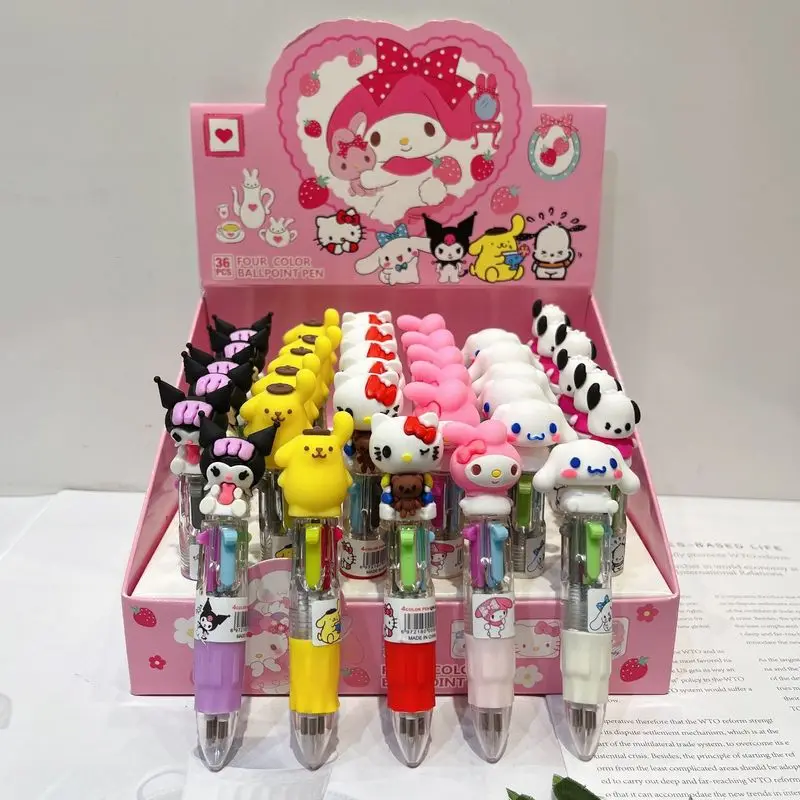 

36pcs/box Sanrio 4-color Ballpoint Pen Melody Cinnamoroll Kuromi Hello Kitty Ballpen Stationery Wholesale