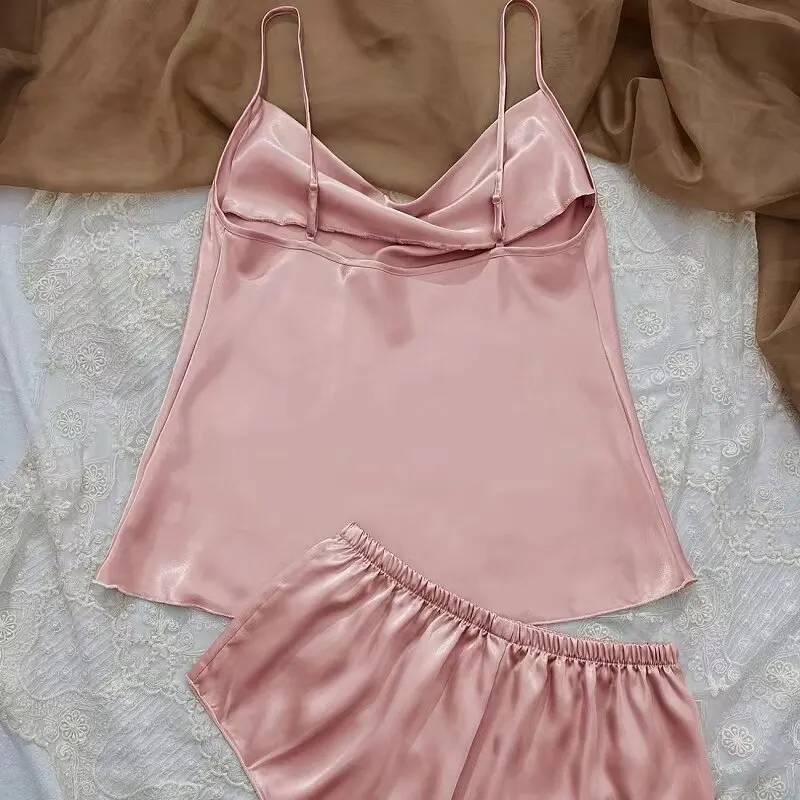 Women Ice Silk Pajamas Sleepwear Pajama Set Camisole Shorts Pink Black Blue M L XL Sexy V Neck Low Cut Smooth Casual Summer