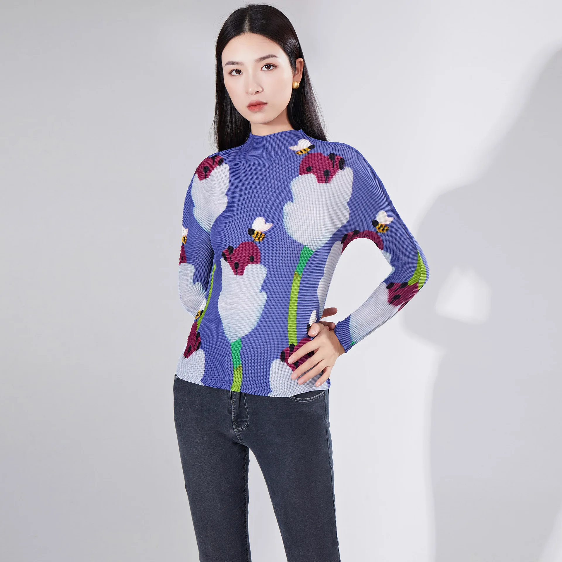 

Autumn fashion women long-sleeved printed pleated top