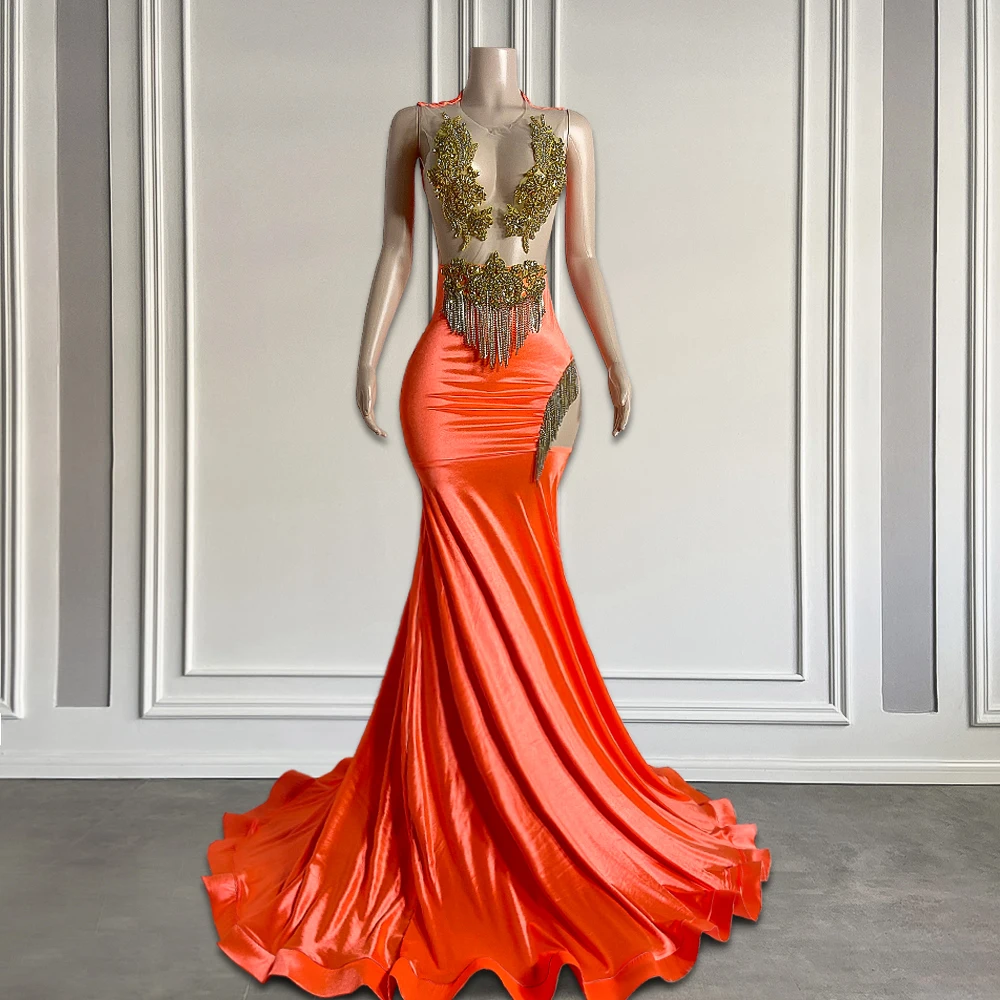 

Orange Sheer O-neck Mermaid Prom Dresses 2024 Sparkly Gold Rhinestone Beaded Tassel Black Girls Long Prom Gala Gowns