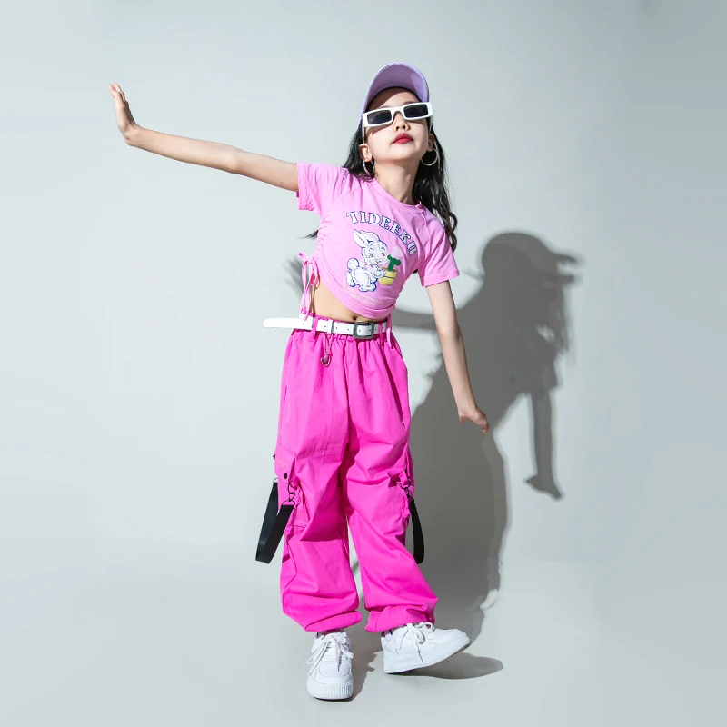 

Girls Rose Pink Jazz Clothing Crop Tank Tops TShirt Casual Joggers Hip Hop Pants for Teenage Showing Dance Costume Kids Clothes