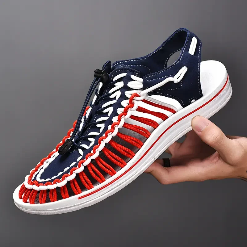 2024 New Leisure Men's Spring/Summer Knitted Sandals Fashionable and Trendy Beach Shoes with A Headband and One Step Lazy Shoes
