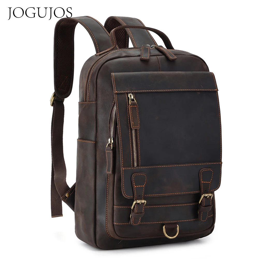 

JOGUJOS Vintage Crazy Horse Leather Men's Backpack 15.6inch Laptop Bag Travel Backpacks School Bags Cowhide Male Shoulder Bag