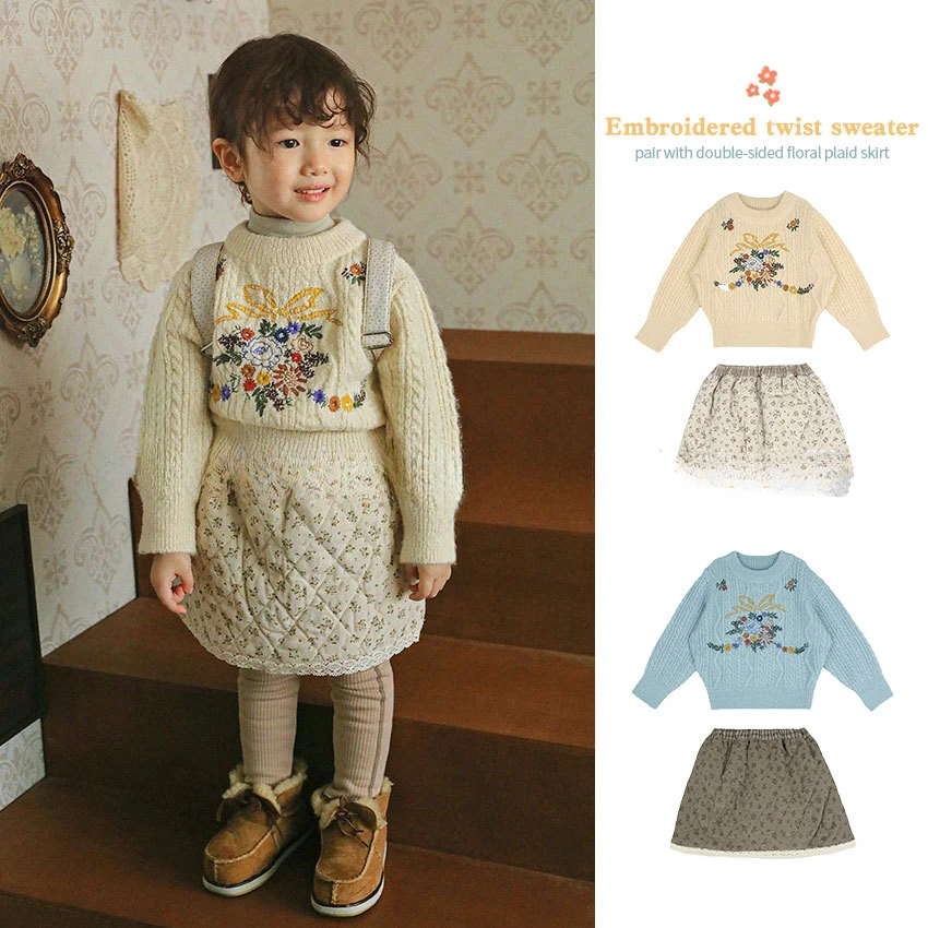 

2023 Winter New Kids Girls Clothes Korean Cute Embroidered Sweater Plaid Floral Skirt Baby Girl Outfit Set