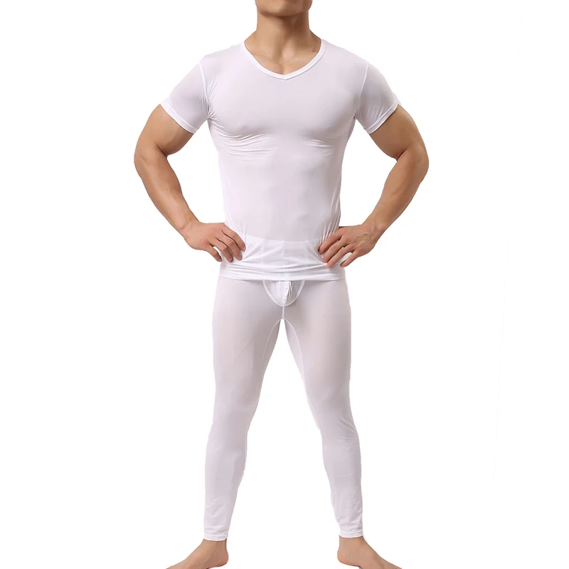 Men Undershirts Sets Ultra-thin Ice Silk Short Sleeve T Shirts Leggings Pants Translucent Tops Tee Trousers Underwear Sleepwear