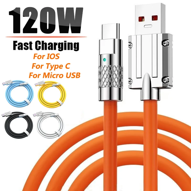 

120W 6A Super Fast Charge USB Type C Liquid Silicone Cable For iPhone Huawei Samsung Xiaomi Micro Usb Type-c Data Cord For IOS