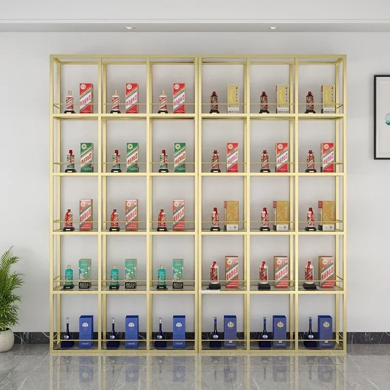 Modern Luxury Floor Showcase Golden Iron Wine Cabinet Glass Wine Display Cabinets with LED Light Bar Furniture Rack