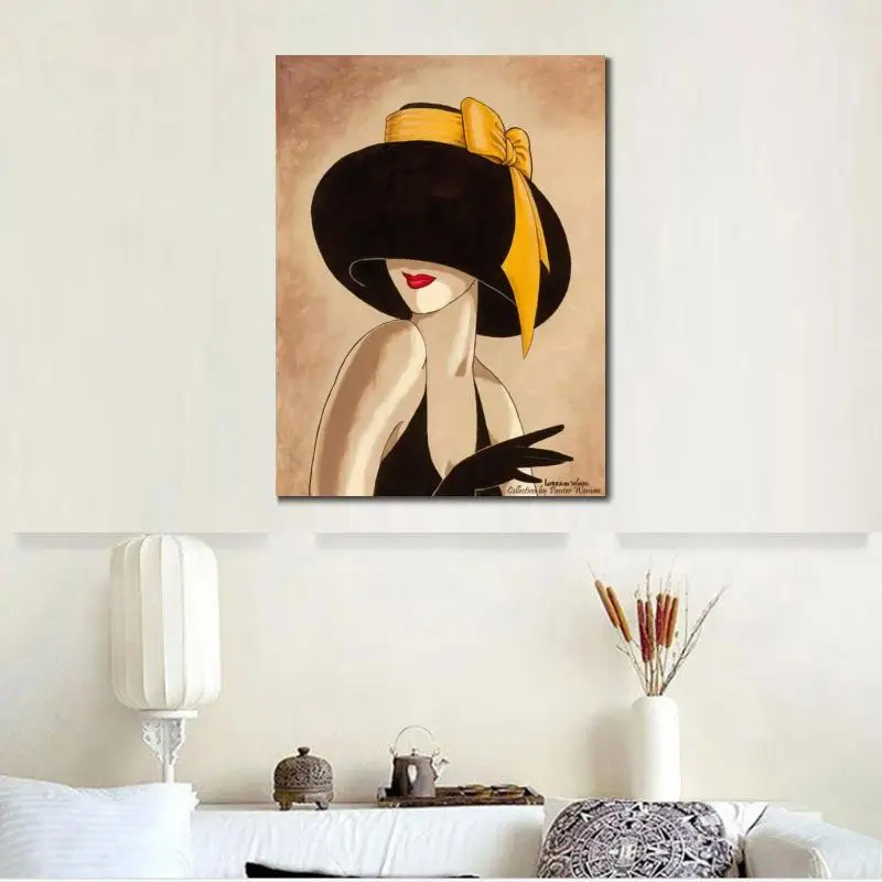 SET OF 4 WOMAN WITH HAT Hand painted art canvas 16x20 Acrylic paintings