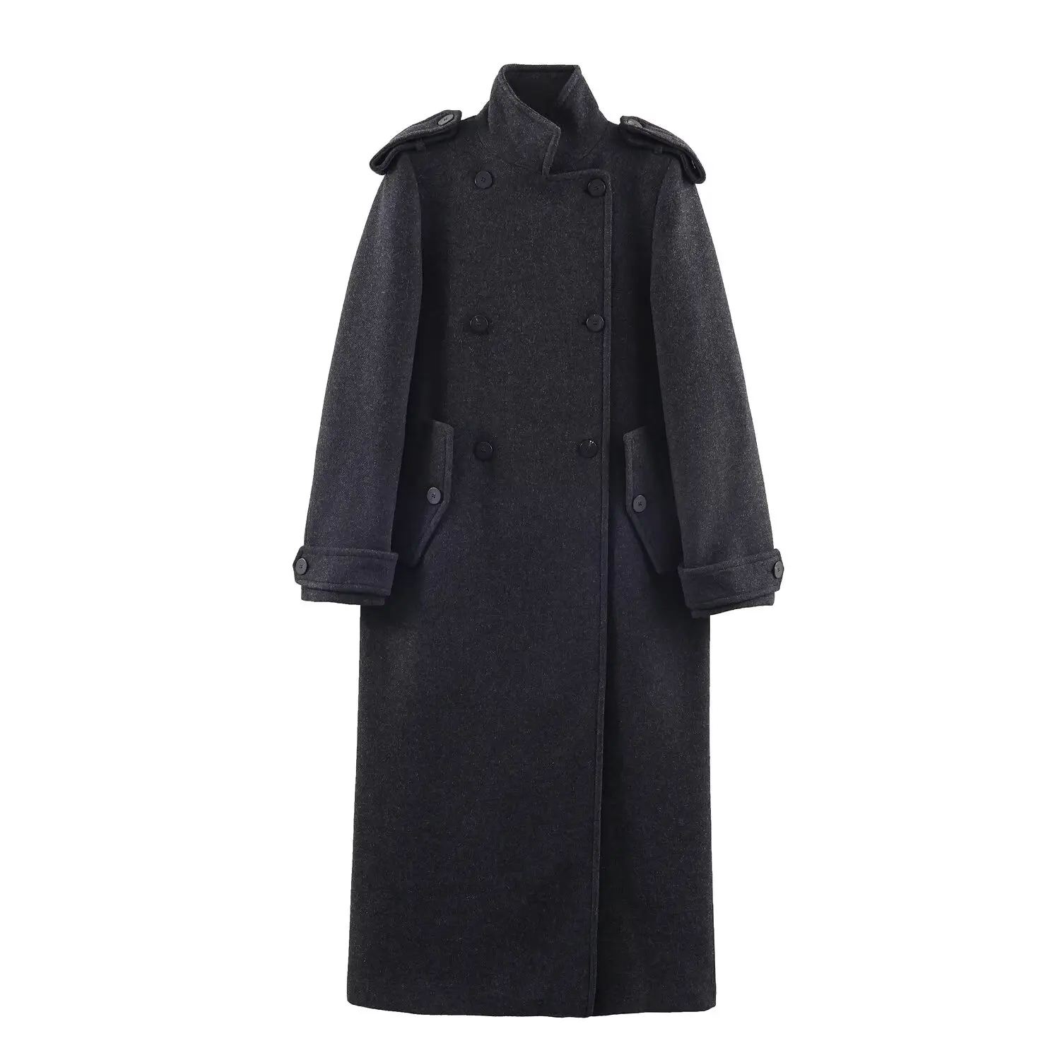 Women’s Stand Collar Long Coats 2025 Winter New Double-Breasted Woolen Coat Vintage Simple Outerwear Fashion Female Overcoat