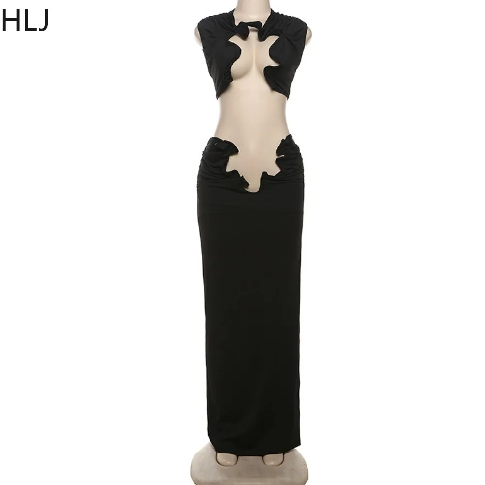 HLJ Sexy Hollow Out Fashion Design 2024 Party Outfits Women Crop Top Side Slit Bodycon Skirts Matching Sets Night Club Vestidos