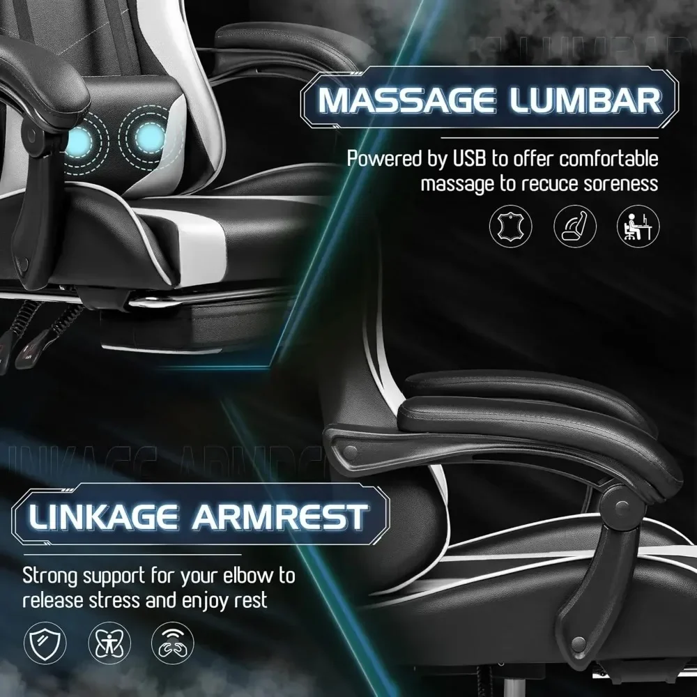 Gaming Chair, Video Game Chair with Footrest and Massage Lumbar Support, Ergonomic Computer Chair Height Adjustable 5