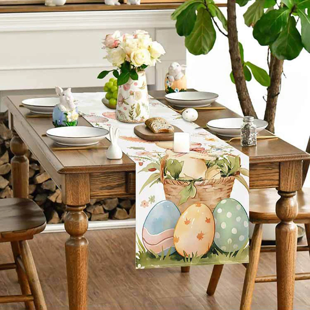 Easter Bunny Eggs Linen Table Runner Easter Rabbit Table Runner Washable Bunny Dining Table Cloth Placemat Holiday Party Decor