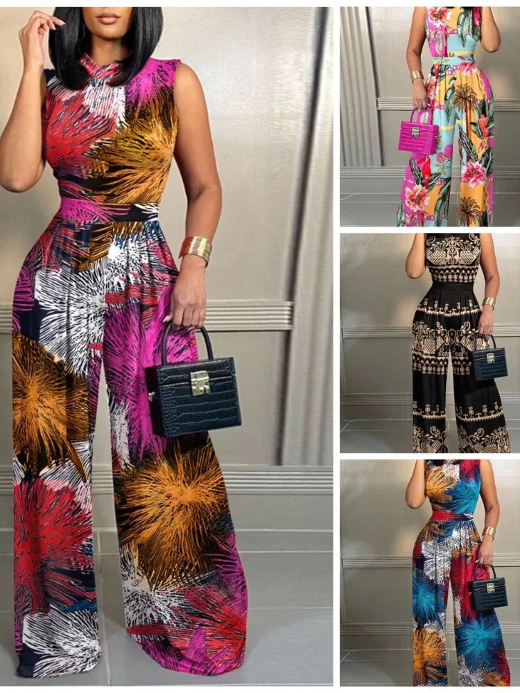 

Women's 2023 New Colored Print Sleeveless Top Wide Leg Pants Fashion Two Piece Set