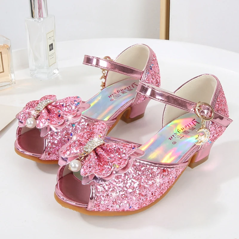 

Girls Sandals Summer Children Princess Shoes Fashion Glitter Bowknot Party Wedding Toddlers High Heels Kids Sequins Single Shoes