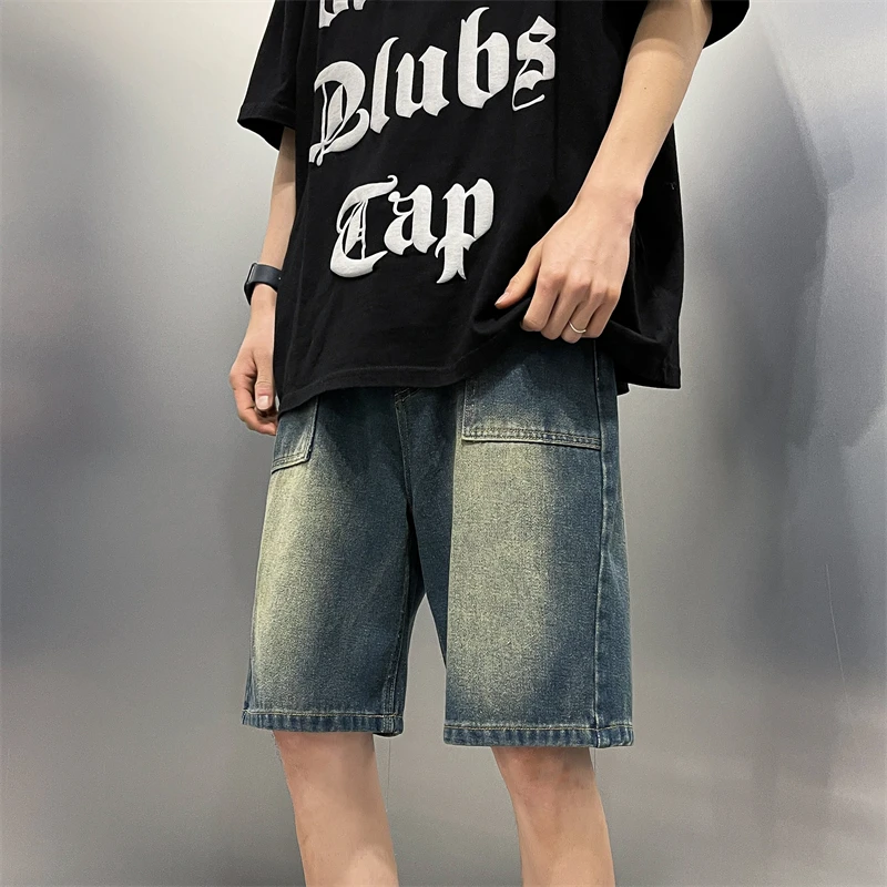 Men's Short Jeans Pants Cargo Baggy Drawstring Male Denim Shorts with Pockets Wide Loose Original Cowboy Buttons Jorts Sale A160