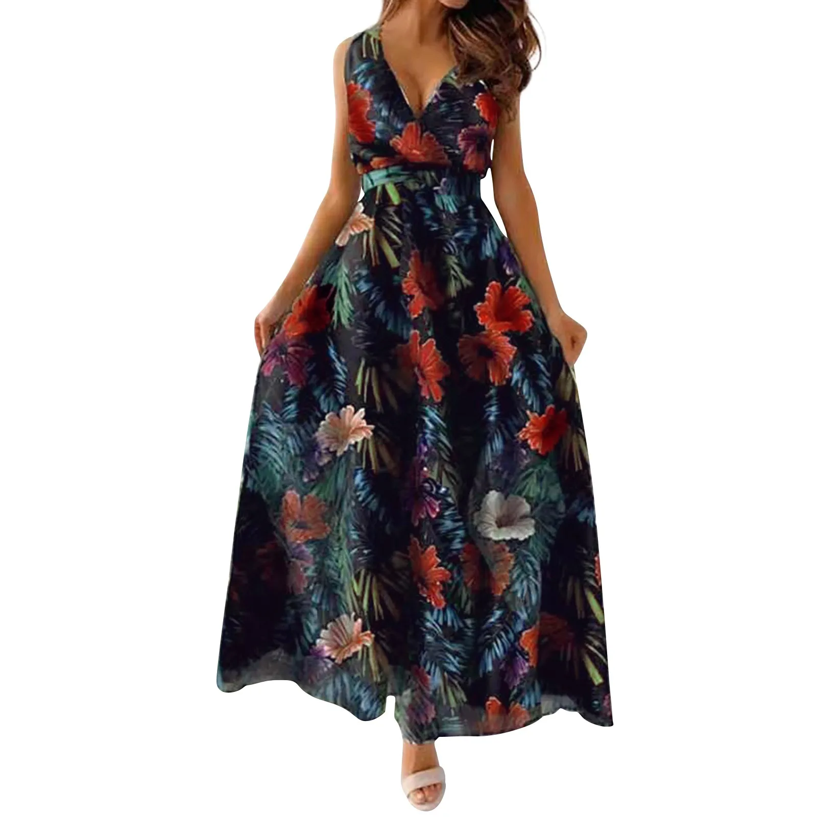 

Платье женское длинное с цветочным принтом, повседневное пляжное макси-платье в стиле бохо, с V-образным вырезом, без рукавов, на завязках, для отпуска, на лето