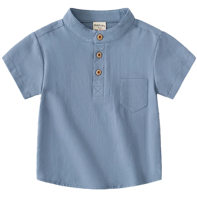 Children's White Mandarin Collar Shirts Short Sleeve Pockets Button T-shirts Kids Tees Tops for 0-7 Years Handsome Fashion kids shirts,boys shirts