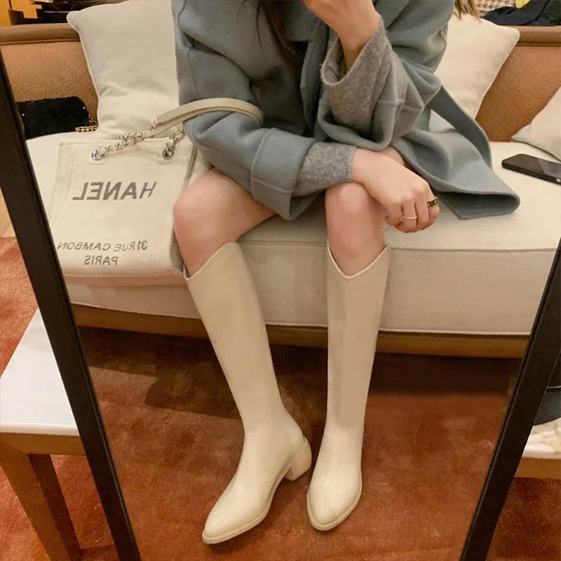 

Spring Leather High Boots Thick Soled Pointed Shoes for Women Fashion Cowboy Boots Female Simple Shoes Thigh High Boots