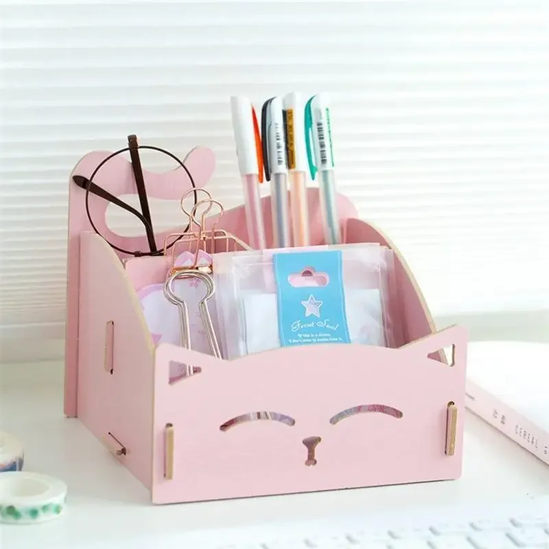 DIY Wooden Assemble Cute Cat Pen Pencil Holder Cosmetic Desk Organizer for Home Office pen holder,stationery organizer
