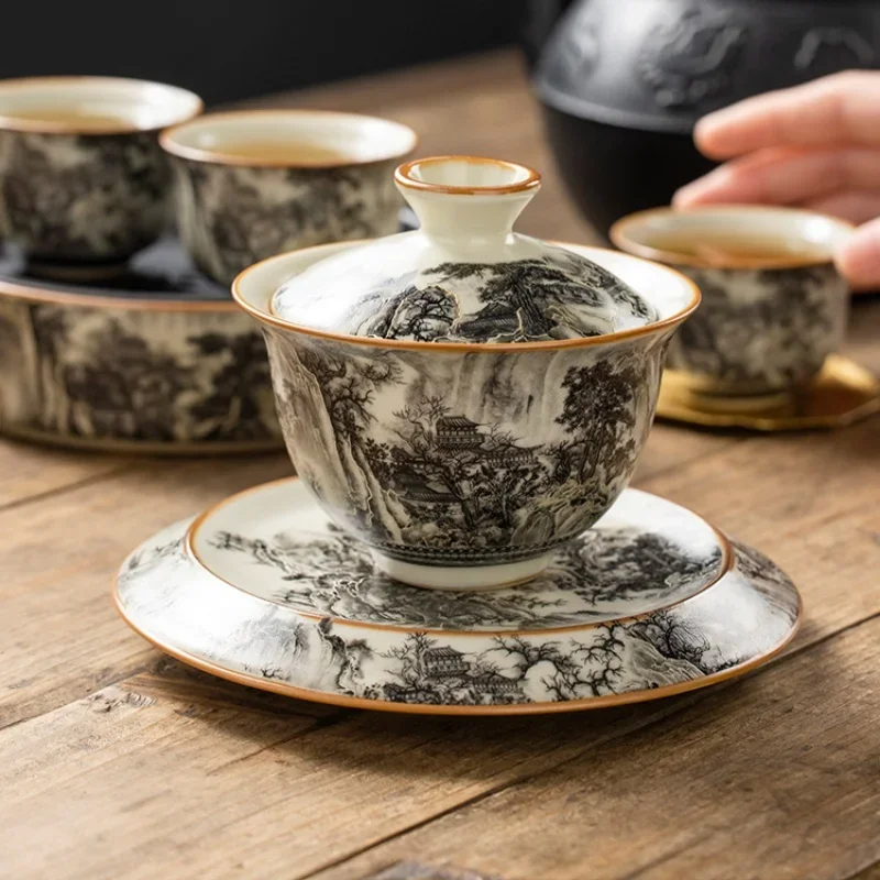 170ML Ru Kiln Landscape Porcelain Gaiwan Set For Tea Tureen Teaware Cup Chinese Yellow Ceramic Opening Tea Bowls Ceremony