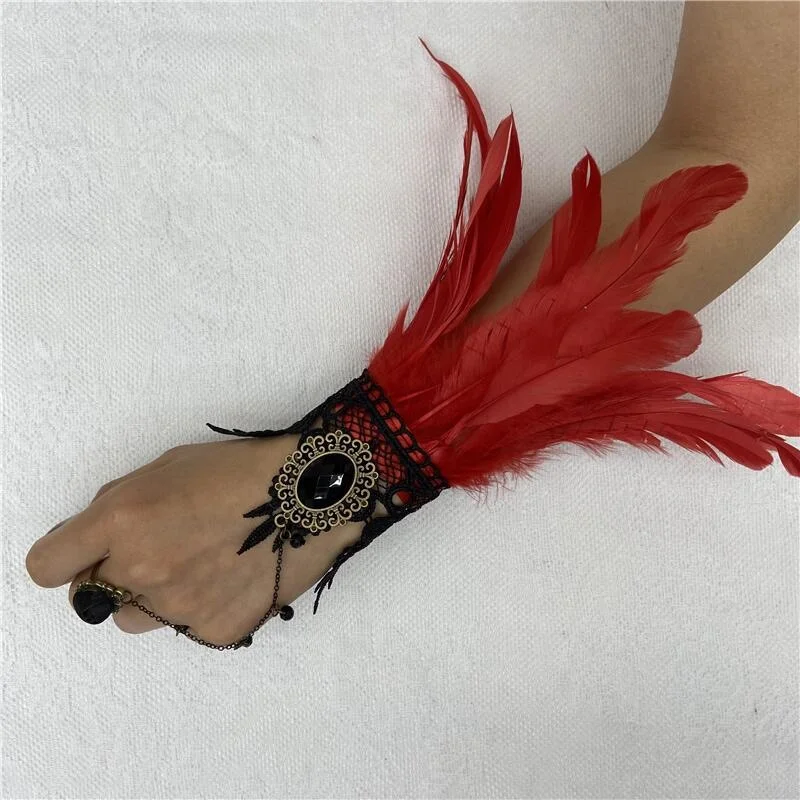 Halloween Feather Lace Gloves Fingerless Mittens Goth Dresses for Prom Gothic Style Y2k Fashion Brass Knuckles Women's Feather images - 6