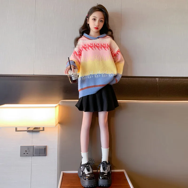 

Корейский осенне-зимний вязаный пуловер для девочек-подростков контрастный свитер с капюшоном для девочек-подростков Топы школьная одежда для девочек