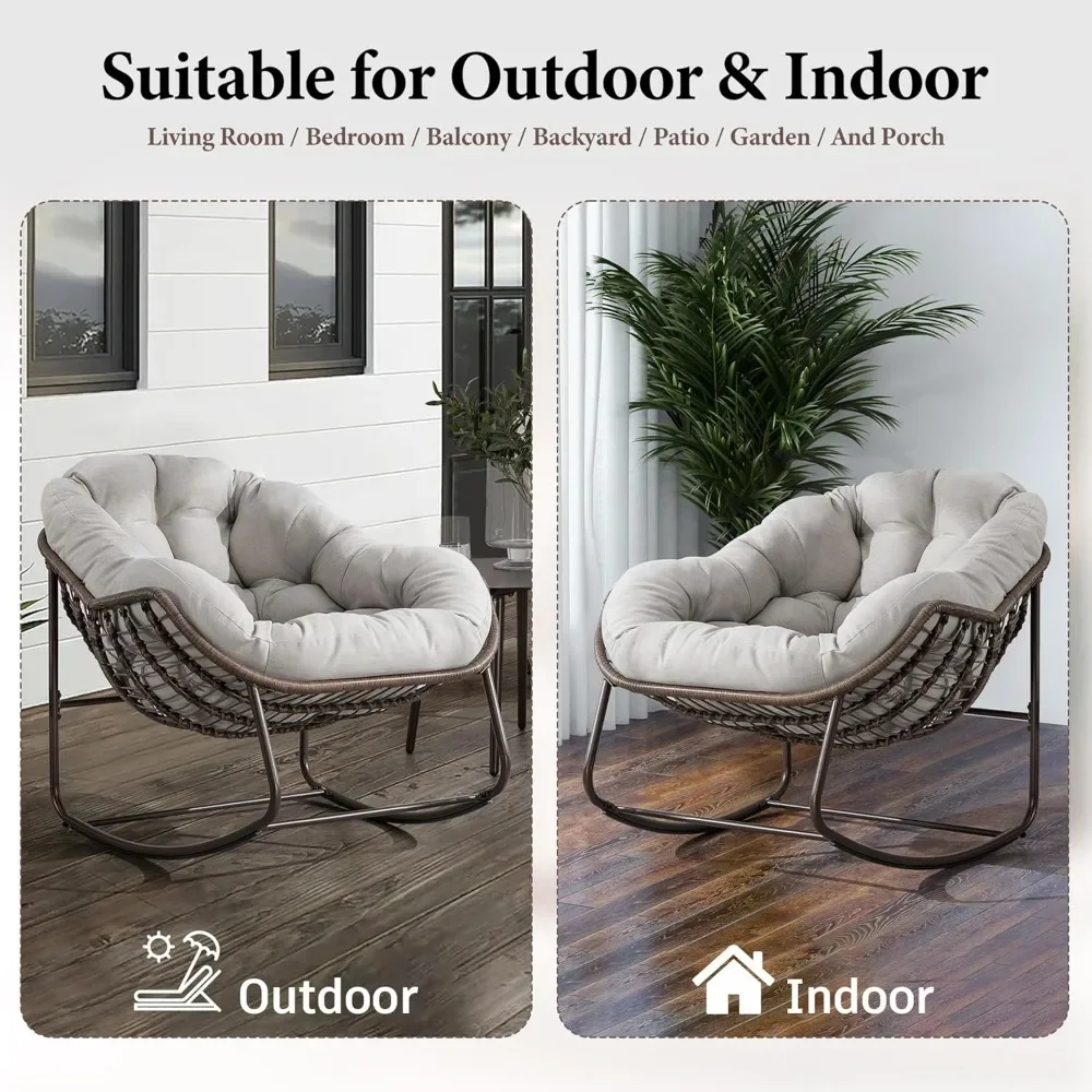 Oversized Rocking Papasan Chair with Thick Cushion and Frame Outdoor Rocker, Comfy Wicker Egg Chairs Lounge for Backyard Balcony 6