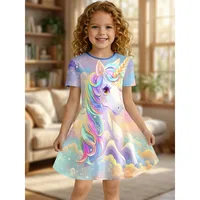 Robe T-shirt imprimée licorne arc-en-ciel pour fille, robe décontractée douce motif nuage bleu ciel pour fête d'enfants, idéale pour les cadeaux d'anniversaire 2