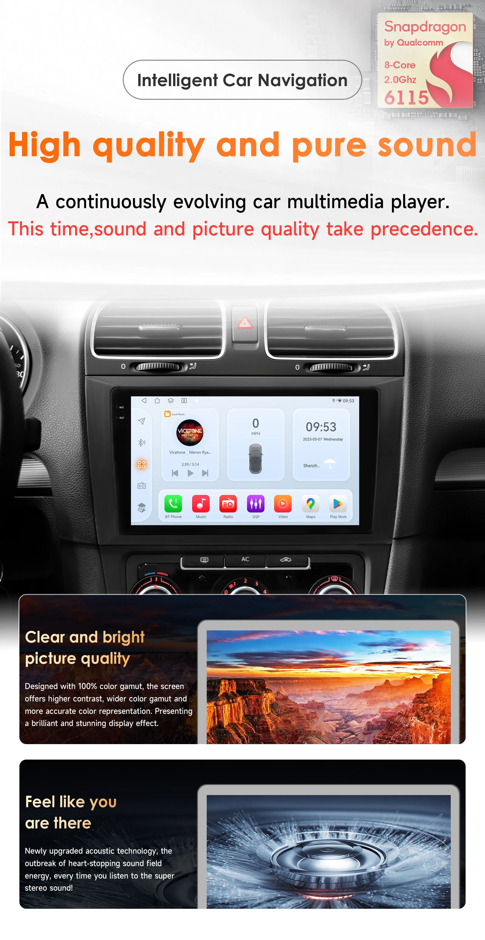 9"2DIN Carplay Android14 Autoradio für VW Volkswagen Golf 6 2008 - 2016 Multimedia durch Snapdragon 8Core GPS Stereo 360 Cam Bildschirm – Detail 2