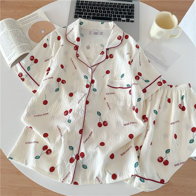 Cherry Letter Print Korean Style Women's Pajamas Set Casual Y2K Outside Summer New 2025 Pajamas Set for Women Sweet Home Wear