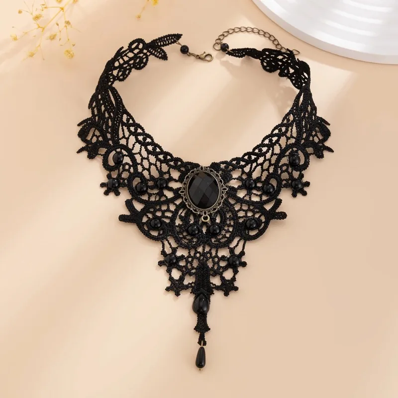 Gothic Hollow Out Black Lace Choker Necklace Women Vintage Punk Red Blood Drop Pendant Chains Party Jewelry Gift