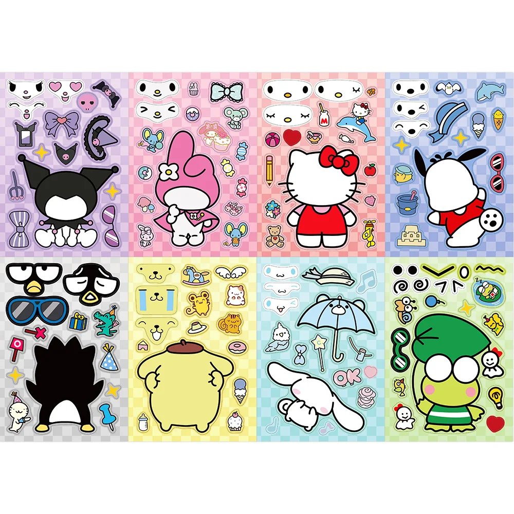 8/16 시트 어린이 Make-a-Face 퍼즐 스티커 Sanrio 헬로 키티 Kuromi 멜로디 어린이 DIY 조립 퍼즐 게임 어린이 장난감 파티