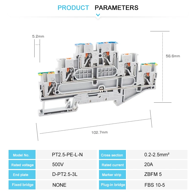Wire Connectors Din Rail Terminal Block PT2.5-PE/L/N 3 Level Din Rail Terminal Block Ground Modular Push-in 2.5mm Grounding Wire Electrical Connector PT2.5-3L-PE