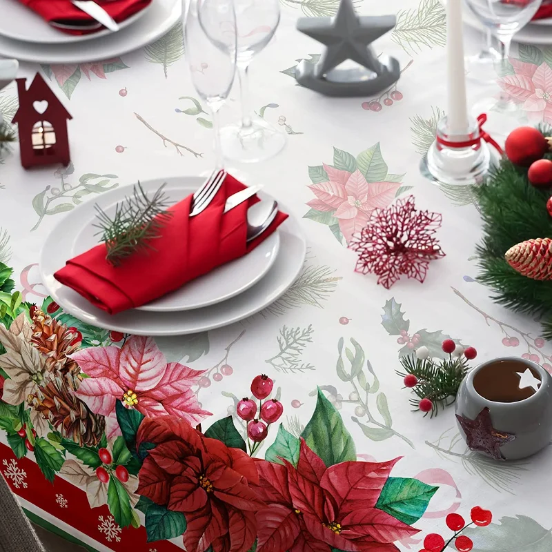 ARIDUR Mantel De Navidad Rojo Con Patrones De Acebos, Decoración Navideña Para El Hogar, Mantel