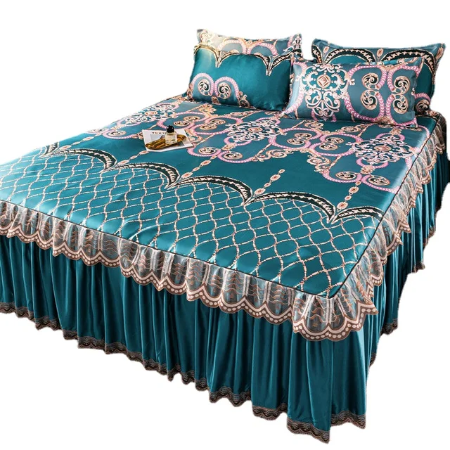 모던 로얄 블루 침대보 쿨 침대 스커트 기계, 세탁 가능한 시트, 탄성 밴드 포함, 퀸 킹 사이즈 침대, 3 개 세트