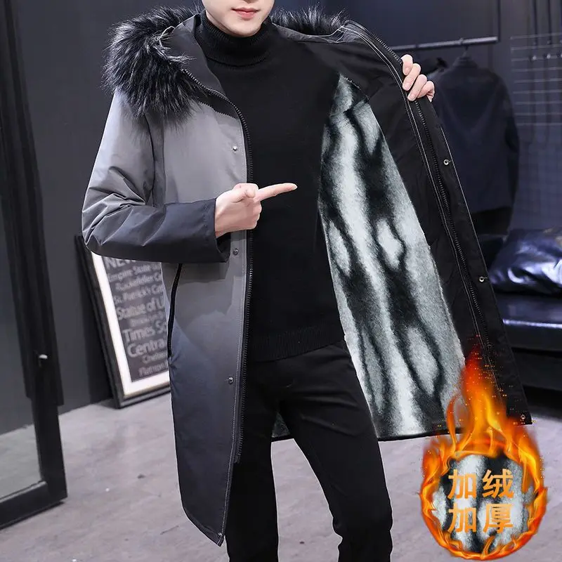 Men Winter Jacket Gradient Hooded Slim Korean Parka Cashmere Windbreaker Cotton