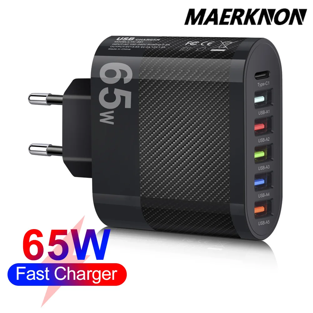   65W USB 충전기 PD 빠른 충전 4 포트 Xiaomi iPhone 용 휴대 전화 충전기 Samsung Huawei Quick Charge3.0 빠른 벽 충전기 