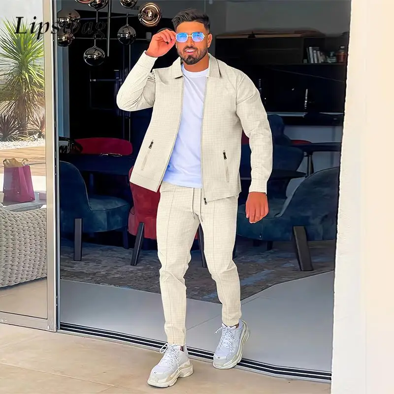 

New Casual Slim Tracksuits Men Fashion Solid Color Lapel Zipper Jacket And Pants Two Piece Set Mens Streetwear 2023 Autumn Suits